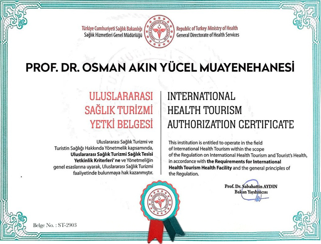 Prof. Dr. Osman Akın Yücel Muayenehanesi Uluslararası Sağlık Turizmi Yetki Belgesi